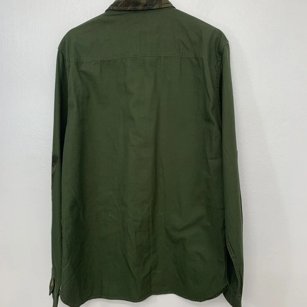 Request Denim Army‎ Green Camo Patches Button Up Shirt XL 100%  Cotton Woven